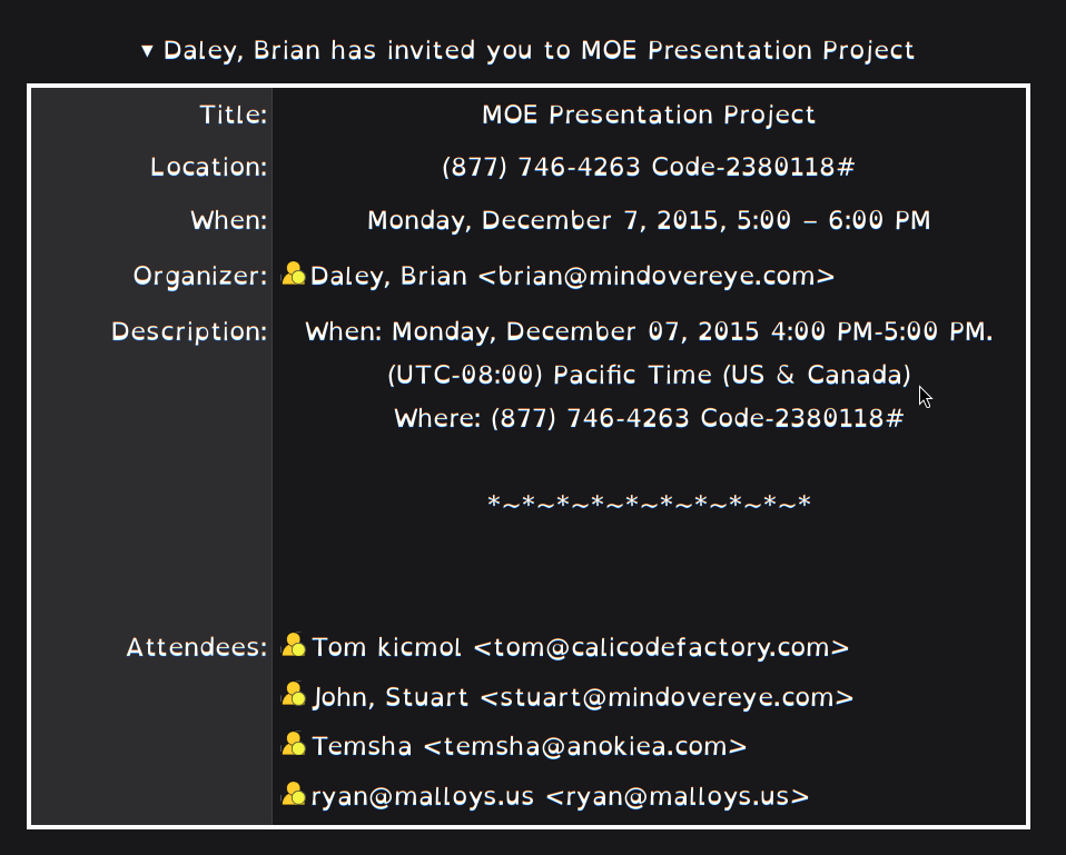 Calendar invite for the December 7, 2015 kickoff meeting