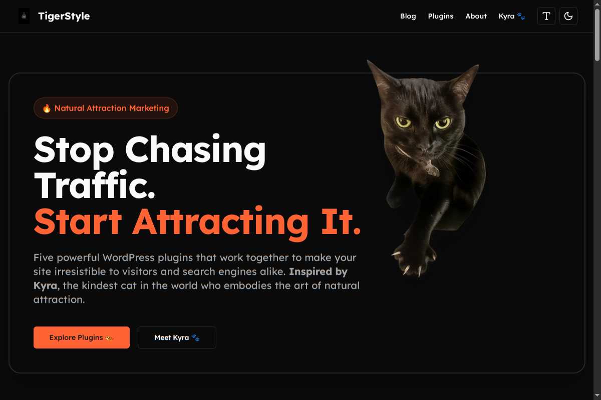 TigerStyle WordPress plugin collection - featuring Kyra the cat mascot